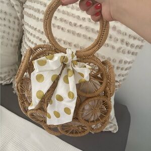Woven Tan Handbag with Polka Dot Scarf